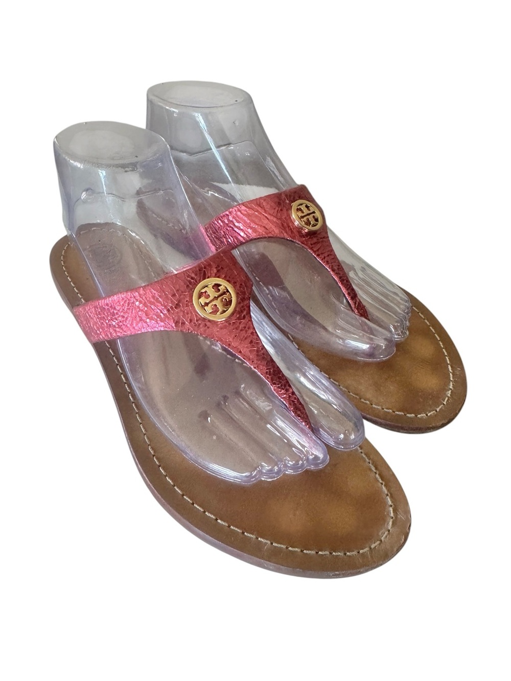 Tory Burch Cameron Leather Thong Sandals Slip-On preppy nautical metallic Logo 9